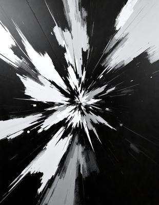 The primary subject of the image is a black and white artistic representation of a star exploding. The setting is a black background, which emphasizes the contrast between the star and the background. The visual style is a combination of digital art and illustration, creating a dynamic and dramatic effect. The colors are predominantly black and white, with some grays, which contribute to the overall mood of the image, which is intense and dramatic.